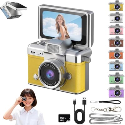 Fotocamera - Compact Camera - Voor Kinderen - Retro-Mini-Digitale-Camera - Sleutelhanger-Camera - 1080P-Full-HD - 0.96-Inch-IPS-Scherm - Inclusief-64GB-Kaart - 6-Filters - Vakantiecadeaus -geel