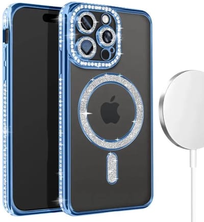 Hoesje met Diamantjes en Glitter Geschikt voor: iPhone 15 - MagSafe Glitter Hoesje - Blauw met Diamanten steentjes - Glamour Hoesje