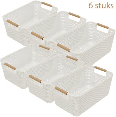 Grote Opbergmanden Set van 6 – 12L Mandjes Riet Look – Stapelbare Opbergboxen voor Speelgoed, Keukenkast en Kledingkast Organizer