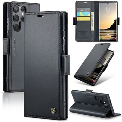 CaseMe Wallet Case met RFID Bescherming en Magneetsluiting + Glas Screenprotector voor Galaxy S25 Ultra _ Zwart