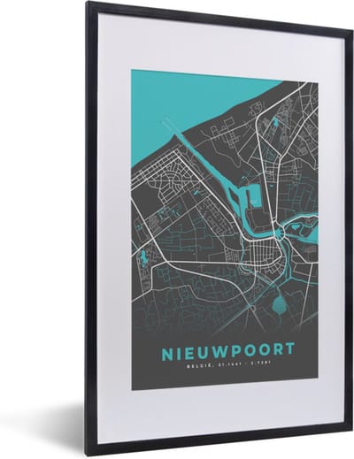 Fotolijst incl. Poster - België – Nieuwpoort – Stadskaart – Kaart – Blauw – Plattegrond - 40x60 cm - Posterlijst