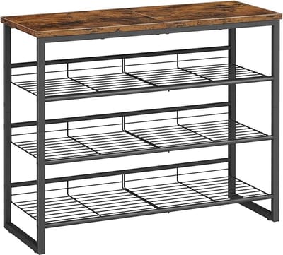 Famanu Schoenenrek, schoenenopberger met 4 niveaus, schoenopbergplanken voor 12-16 paar, verstelbare metalen plank, 75 x 29 x 59 cm, industrieel schoenenrek voor in de hal, bruin en zwart