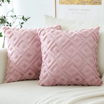 Set van 2 wollen kussenhoezen, zacht pluche, kort wolfluweel, decoratieve kussenhoezen, luxe bankkussens, boho-kussenhoezen voor bank, slaapkamer, geometrisch roze, 60 x 60 cm