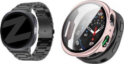 Bandz Stalen schakelband ‘Classic’ – Hoogwaardig RVS – Zwart – inclusief inkortset + Strap-it Hard case hoesje met screenprotector glas – Roze – geschikt voor Samsung Galaxy Watch 8 (40mm)