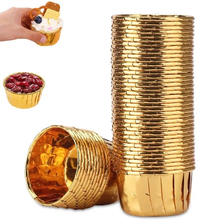 100 stuks - Mini cakevormpjes - Aluminiumfolie cakevormpjes - Gouden cupcake bakvormpjes - Hittebestendige puddingvormpjes - Magnetronbestendige muffinvormpjes - Geschikt voor bakkerijen, bruiloften, verjaardagsfeestjes (goud)