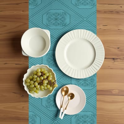 ABAKUHAUS Geometrische Tafelloper – Rechthoekig 40×180 cm – Donker teal en zeeblauw