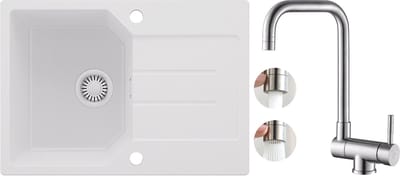 Anycee MAX Spoelbak Keuken Wit - Granieten Spoelbak 65x45CM - Spoelbakken Keuken Met Voorraam keukenkraan - Spoelbakken Met Afdruip - Opbouw Spoelbak
