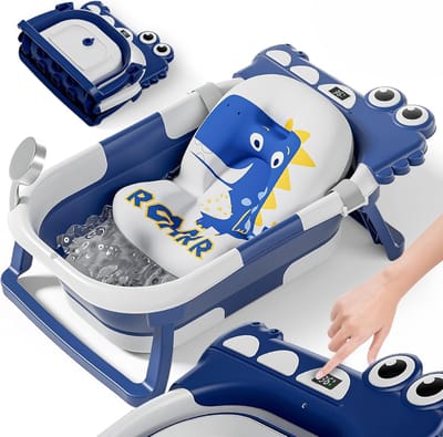 Opvouwbaar Babybadje met Badkussen en Thermometer – Inclusief Standaard, Geschikt vanaf Geboorte, Ideaal Cadeau, Blauw