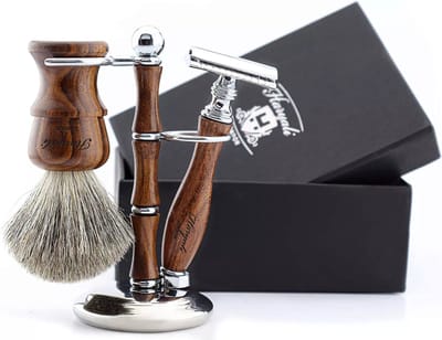 Scheerset voor mannen-DE-veiligheidsscheermes, scheerkwast en scheerstandaard, 3-delige houten scheerset voor mannen Scheren thuis en in de salon