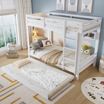 MIVRAY Kinderstapelbed 90x200 cm - Uitschuifbed Met Rollen En Lange Opbergplank - Zonder Matras - Hout En MDF - Wit