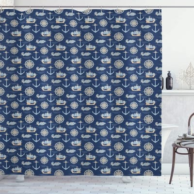 ABAKUHAUS Marine douchegordijn – 175x180 cm – Polyester – tan en nachtblauw