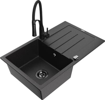 Mexen Bruno granieten gootsteen 1-komor met afdruiprek en keukenmengkraan Aster, zwart/zilver metallic - 6513-73-73450-70-B