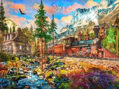 Mountain Train Puzzel - Legpuzzel Trein - Ontspannen Tijdverdrijf - Gerecyclede Materialen - 61 x 46 cm - Meerdere Kleuren