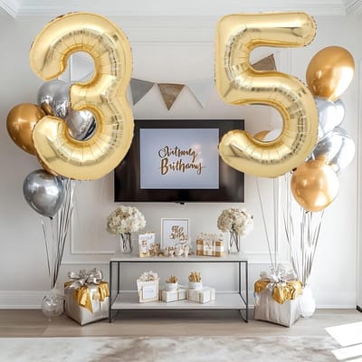Ballon 35, Cijferballon, Witgoud, 101 cm Folieballon 3 en 5, Helium Ballon 35e Verjaardag, 3 Stuks, Vrouw of Man, Jubileum