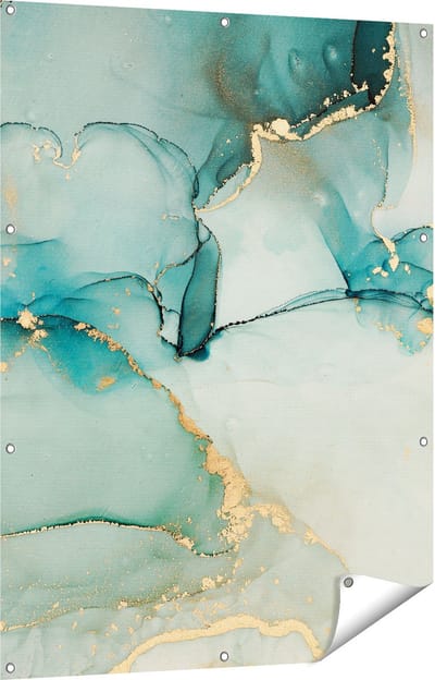 Gards Tuinposter Abstracte Kunst - Blauwe Marmer met Goud - 90x120 cm - Tuindoek - Tuindecoratie - Wanddecoratie buiten - Tuinschilderij