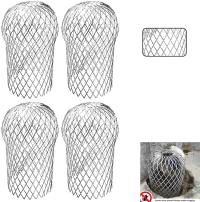4-stuks afvoerbeschermer - Regenpijpbeschermerfilter - Bladfilter - Regenpijpbeschermer - Voorkomt verstopping door bladeren en knaagdieren - Geschikt voor afvoerbescherming buitenshuis, voorkomt verstopping door bladeren en vuil - Zilver
