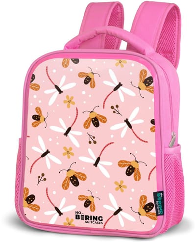 NoBoringSuitcases.com® - Rugzak roze - Schooltas meisjes - Lieveheersbeestjes en libellen op roze achtergrond - Kinder rugtas meisje - Boekentas kind - Kinderrugzak voor school - Schoolrugzak