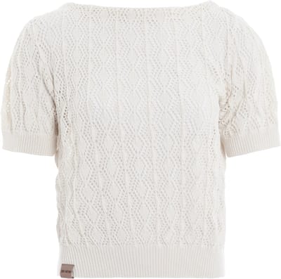 Knit Factory Nomi Trui Dames - Gebreide Damestrui met Haakpatroon en Boothals - Luchtige Dames Top - Dames Pullover - Woolwhite - 36/38