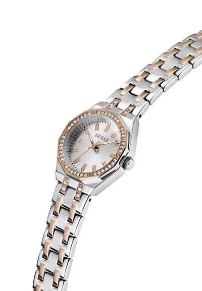 Guess Pixie Analoog Quartzhorloge Zilverkleurig En Roségoudkleurig Kast Gemaakt Van 100% Roestvrij Staal En Een Armband Van 100% Roestvrij Staal 25 GW0931L5, GW0931L8