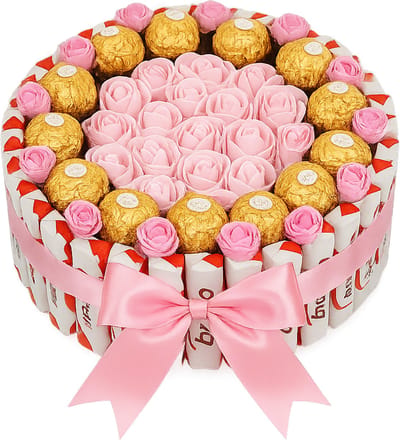 Luxe Ferrero Rocher & Kinder Rozen Cadeautaart – Roze Rozen & Satijnen Strik