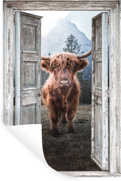Muurstickers - Sticker Folie - Schotse hooglander - Koe - Landelijk - Doorkijk - 20x30 cm - Plakfolie - Muurstickers Kinderkamer - Zelfklevend Behang - Zelfklevend behangpapier - Stickerfolie