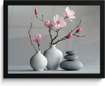Poster in lijst - Fotolijst 40x30 cm - Posters - Magnolia - Bloemen - Roze - Zen stenen - Posterlijst zwart - Wanddecoratie badkamer - Muurdecoratie WC - Decoratieve accessoires - Toilet muur decoratie
