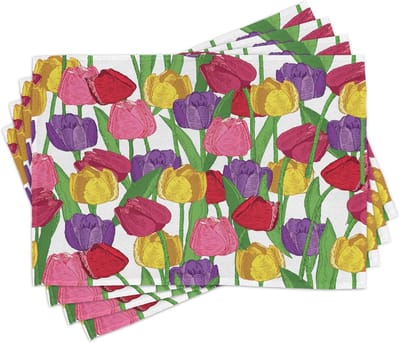 New Bed Tulp Herhalend bloempatroon Set van 4 Placemat voor Eettafel, Wasbare Stof met Antislip Achterkant