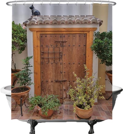 Ulticool Douchegordijn - Deur Planten Kat - 180 x 200 cm - semi Transparant - met 12 Ringen wit - anti Schimmel - Bruin Beige