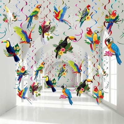 Tropische Vogels Decoraties - Opknoping Swirl Plafond Decor voor Zomerfeest - Hawaiiaanse Toekan Papegaai - Luau Beach Pool Tiki Bruiloft Verjaardag.
