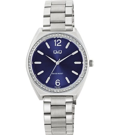 Q&Q Q91B-005PY - Horloge - Polshorloge - Analoog - Dames - Vrouwen - stalen band - Overig - Metaal - Cijfers - Strepen - Briljanten - Zilverkleurig - DonkerBlauw