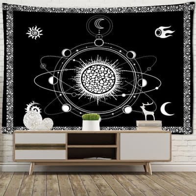 Zwart-Wit Zon Maan Wandtapijt Muurhanger Mandala Hippie Bohemien Tapijt Psychedelisch Tarot Slaapzaal Huisdecoratie 95x70cm white