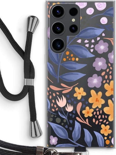Case Company® - Hoesje met koord geschikt voor Samsung Galaxy S23 Ultra hoesje met Koord - Flowers with blue leaves - Telefoonhoesje met Zwart Koord - Bescherming aan alle Kanten en Over de Schermrand