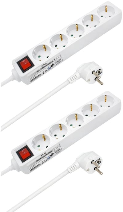 B-Tech Stekkerdoos 5-voudig - 2x - wit - 141 cm snoer - met randaarde en schakelaar - stekkerdozen - verlengsnoeren/verlengkabels