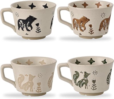 Set van 4 Vintage Keramische Koffiemokken 350ml - Handgemaakte Aardewerk Tassen voor Koffie, Thee en Chocolade, Vaatwasser- en Magnetronbestendig met Grote Handgreep