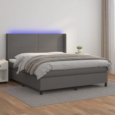 vidaXL - Boxspring - met - matras - en - LED - kunstleer - grijs - 160x200 - cm