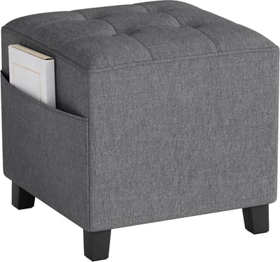 HOMCOM Square Footstool, Small Pouf with Side Pocket, Linen Fabric Footrest with Rubber Wooden Legs and Padded Seat for Living Room, Bedroom, Entrance, 35 x 35 x 35 cm, Grey