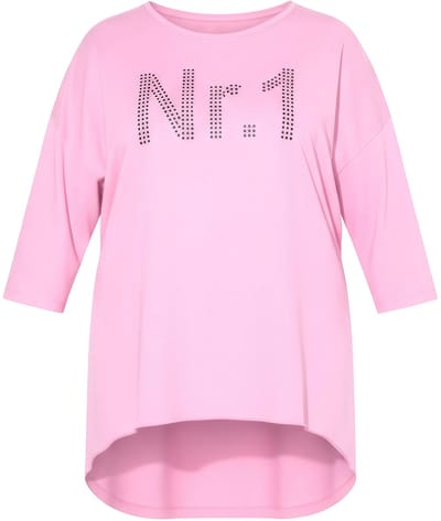 Angel of Style - Dames - Longshirt oversized "No. 1"-motief van siersteentjes - Roze - Maat 50+