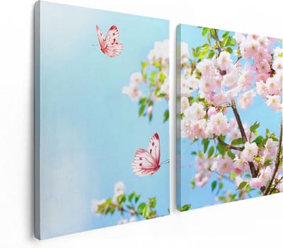 Artaza Canvas Schilderij Tweeluik Twee Roze Vlinders Bij Roze Bloesem Bloemen - 120x80 - Foto Op Canvas - Canvas Print