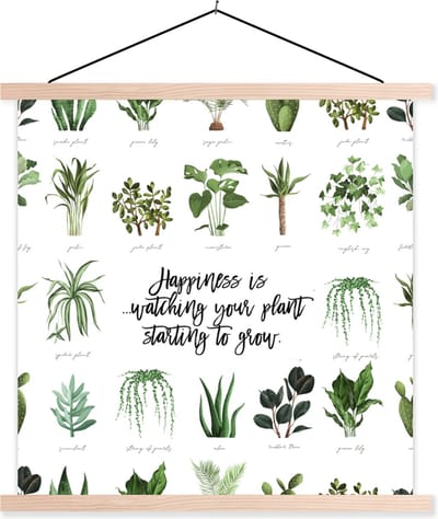 Posterhanger incl. Poster 40x40 cm - Schoolplaat - Quotes - Happiness is... watching your plant starting to grow - Spreuken - Textielposter - Blanke latten