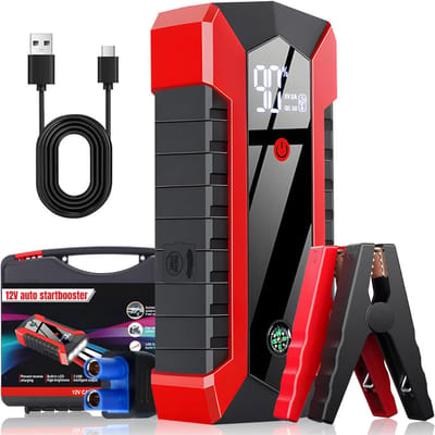 KAD® Jumpstarter Voor Auto - Jumpstarter Auto – 4000A Starthulp met Powerbank – Geschikt voor Diesel & Benzine – Inclusief Smart Klemmen & LED Verlichting – 12V - Zwart/Rood - 10cm x 18cm x 5cm