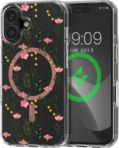 kwmobile Kristalheldere hardcase compatibel met Apple iPhone 17 Hoesje – compatibel met MagSafe – Acryl hoesje met TPU-rand – Zachte wilde bloemen design
