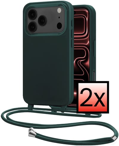 Hoes Geschikt voor iPhone 17 Pro Met Telefoonkoord - Siliconen Hoesje Backcover Met Ketting - Donkergroen - 2 PACK