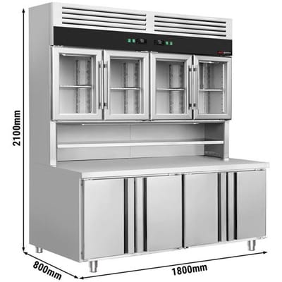 GGM Gastro Kühltisch mit Wandkühlregal - 1800x800mm - 4 Glastüren oben, 4 Türen unten - Arbeitsfläche