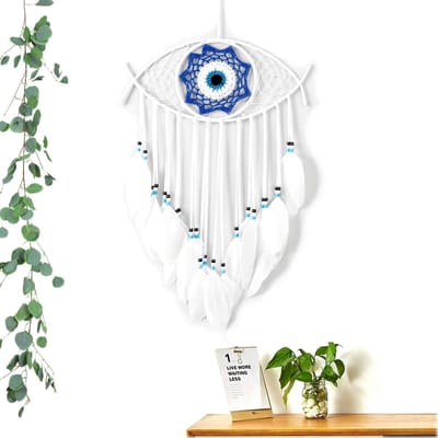 Dailygoods- Dromenvanger met veren - Duivelsoog - Wanddecoratie slaapkamer - Handgemaakt - Positieve energie - Afmetingen 75 cm