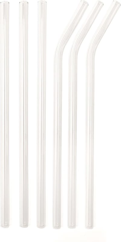 Kikkerland Herbruikbare rietjes - Set van 6 - Inclusief katoenen reinigingsborstel - 3 gebogen rietjes + 3 rechte rietjes - Glas - Ecofriendly - Vaatwasserbestendig