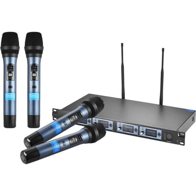 4D Professioneel 4-kanaals UHF draadloos handmicrofoonsysteem 4 microfoons 1 draadloze ontvanger US Plug blauw
