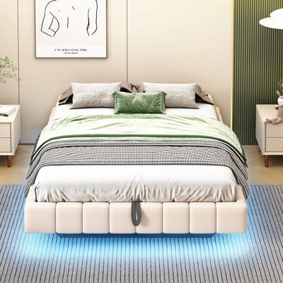 Gestoffeerd bed 140x200 cm - met opbergruimte zwevend bedframe - met LED-verlichting - zonder rugleuning tweepersoonsbed - beige - zonder matras