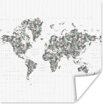Poster 30x30 cm - Wereldkaart - Bladeren - Roze - Posters - Kamer decoratie - Wanddecoratie woonkamer - Muurdecoratie slaapkamer