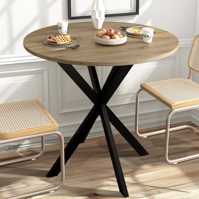 Ronde Kleine Eettafel voor 2-4 Personen, Modern met Houten Tafelblad en X-vormige Metalen Poten