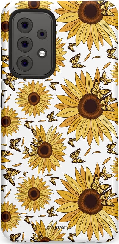 Casetastic Hoesje Geschikt voor Samsung A52 (4G/5G/s) - Stijlvolle Beschermende Duo-layer Case - Zonnebloem Zomer met vlinders